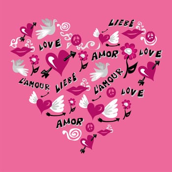 Love symbols composition in heart shape over pink background. Vector file available.