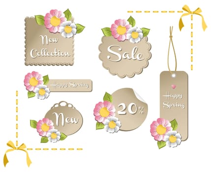 New happy spring labels collection with season flowers background. Vector file available.