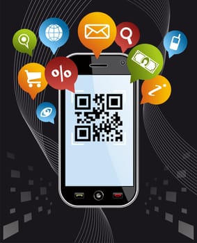 Black smartphone, mobile or Cell Phone device with QR code app on black background. EPS 8 vector, cleanly built with no open shapes or strokes. Grouped and ordered in layers for easy editing.