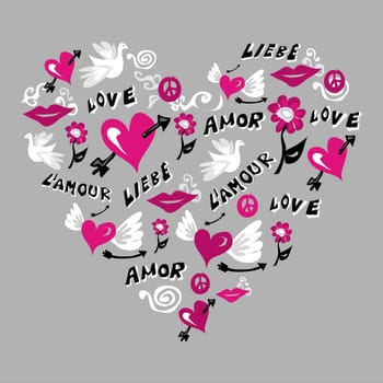 Love symbols composition in heart shape over gray background. Vector file available.