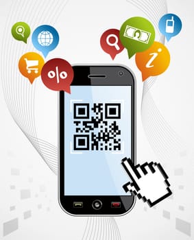 Black smartphone with QR code app on white background. EPS 8 vector, cleanly built with no open shapes or strokes. Grouped and ordered in layers for easy editing.