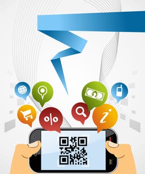 Black horizontal smartphone with QR code app on white background. EPS 8 vector, cleanly built with no open shapes or strokes. Grouped and ordered in layers for easy editing.