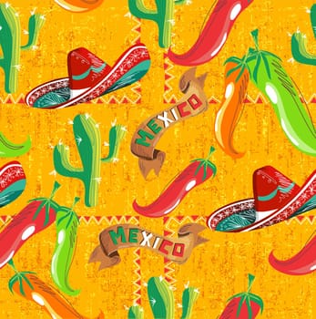 Mexican pattern with cactus, hat and chill illustration over grunge background. Useful for menu design.