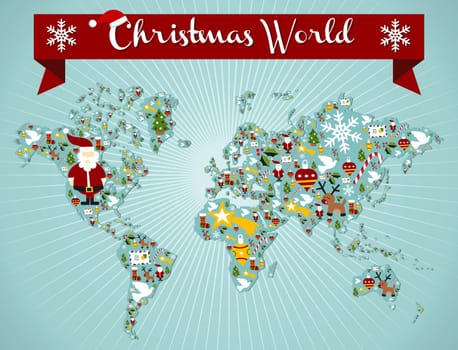 Christmas icon set in globe world map background. Vector file available.