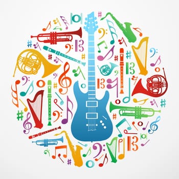 Multicolored music instruments silhouette in circle shape. Vector file available.