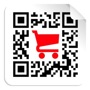 QR code label sign with red shopping cart icon. Vector file available.