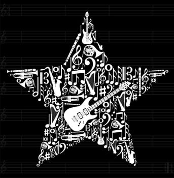 Love for music concept illustration. High contrast musical instruments icon set in star shape background. Vector file available.