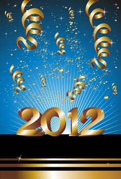 Celebration of New Year 2012 with gold ribbons on a blue background. Vector file available.