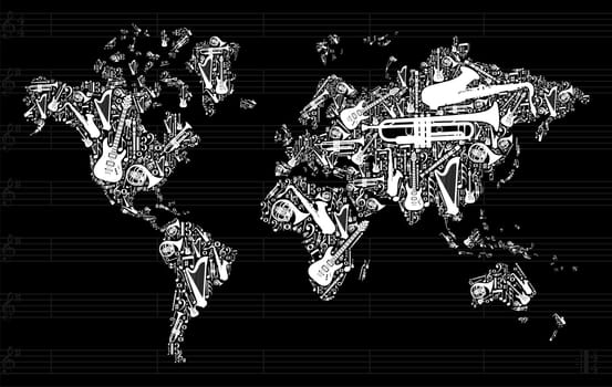 Globe World map silhouette made with musical instruments icon set in black background. Vector file available
