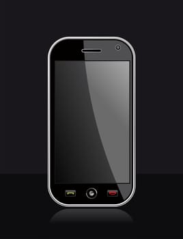 Generic black smartphone on black background with blank space for your own design or image. Useful for mobile applications presentation. EPS 8 vector, cleanly built with no open shapes or strokes. Grouped and ordered in layers for easy editing.
