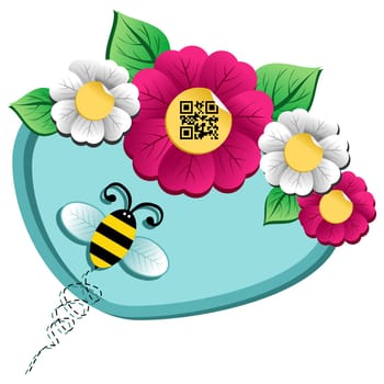 Spring time concept: bee on the spring flower with qr code label isolated over white background.