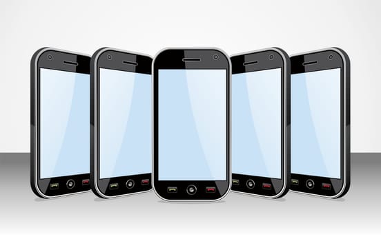 Set of black smartphones templates on white background. You can place your own images on the screens. EPS 8 vector, cleanly built with no open shapes or strokes. Grouped and ordered in layers for easy editing.