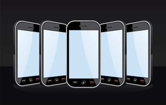 Set of black smartphones templates on black background. You can place your own images on the screens. EPS 8 vector, cleanly built with no open shapes or strokes. Grouped and ordered in layers for easy editing.