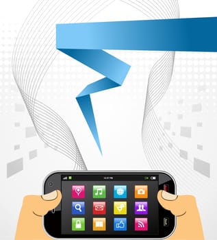 Hands hold a smart phone in horizontal position over white background. EPS 8 vector, cleanly built with no open shapes or strokes. Grouped and ordered in layers for easy editing.