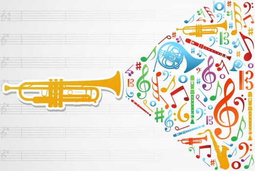 Multicolored music instruments silhouette and elements over pentagram composition background. Vector file available.