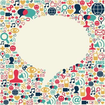 Social media icons texture in talk bubble shape composition background. Vector file available.
