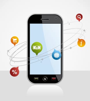 Black smartphone with app over white background. EPS 8 vector, cleanly built with no open shapes or strokes. Grouped and ordered in layers for easy editing.