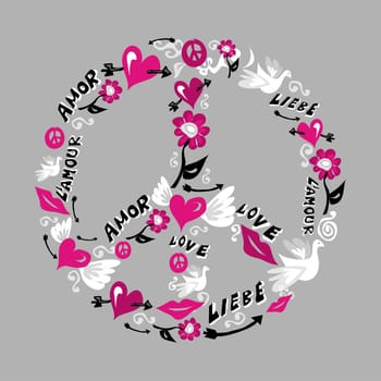 Symbol of peace and love made with icons of love over grey background. Vector file available.