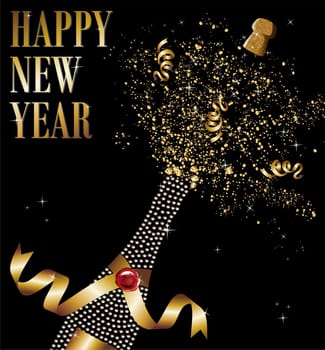 Diamond champagne bottle with gold ribbon in New Year celebration. Vector file available.