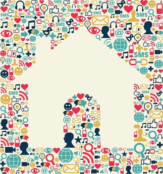 Social media icons set texture with house shape composition background.