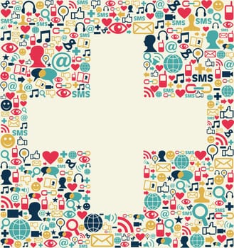 Social media icons set texture in plus sign shape composition background.