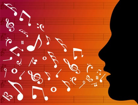 Woman head silhouette with music notes splashes from her mouth over orange background. Vector file available.