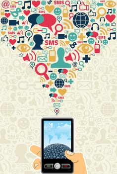 Hand holding a cell phone under social media icons on light background Vector file available.