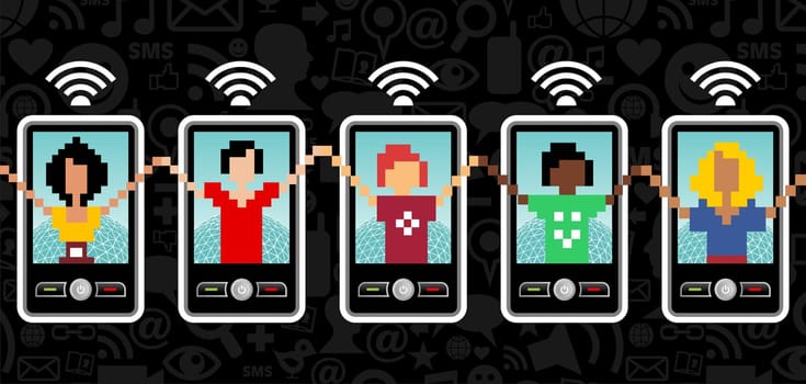Social team with cell phone connection on black pattern background.  Vector file available.