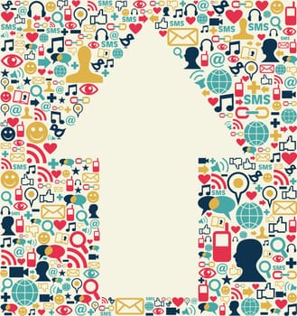 Social media icons set texture with arrow shape composition background.