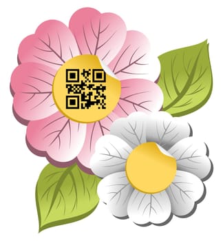 Spring concept: colorful flower with qr code label isolated over white background.