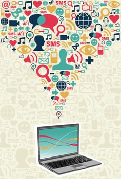 Notebook under social media icons on light texture background.  Vector file available.