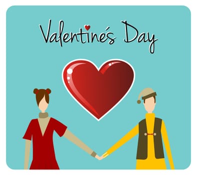 Happy valentines day greeting card background: young couple taked hands with heart likes shape. Vector file available.