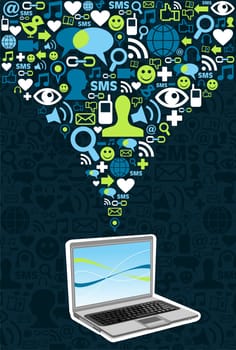 Notebook under social media icons on blue texture background.  Vector file available.