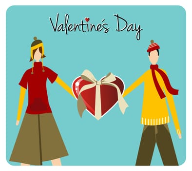 Happy Valentines day greeting card background: young couple holds a heart likes shape gift. Vector file available.