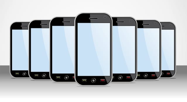 Set of generic black smartphones templates on black background. You can place your own images on the screens. EPS 8 vector, cleanly built with no open shapes or strokes. Grouped and ordered in layers for easy editing.