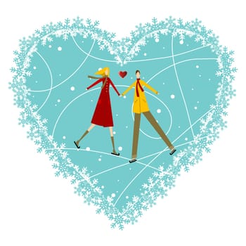 Happy valentines day greeting card background: young couple in winte clothes taked hands with heart likes shape behind. Vector file available.