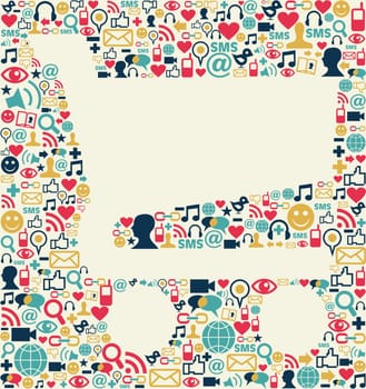 Social media icons texture with shopping cart shape composition background.