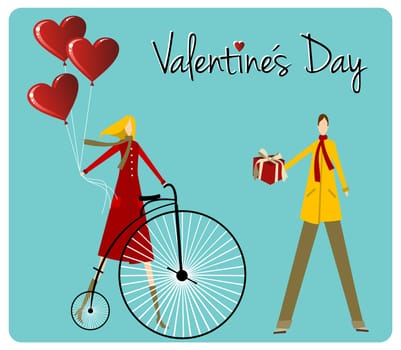 Valentines day greeting card background: Couple with vintage bike and heart shape balloons. Vector file available.