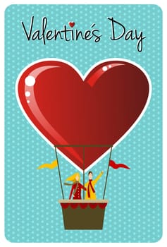 Valentines day greeting card design: Couple in hot air balloon shaped like a heart. Vector file available.