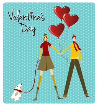 Couple and dog with heart balloons for Valentines day love greeting card background. Vector file available.
