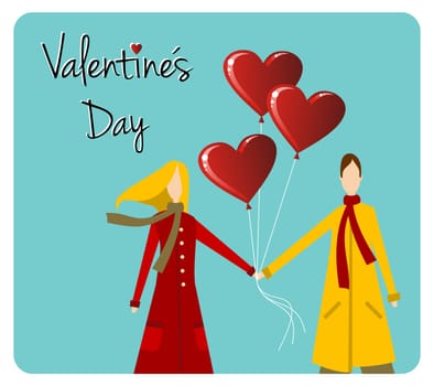 Happy valentines day greeting card background: young couple taked hands with heart likes shape balloons. Vector file available.
