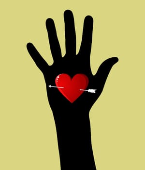 Hand silhouette with heart and arrow Valentines day background. Vector file available.