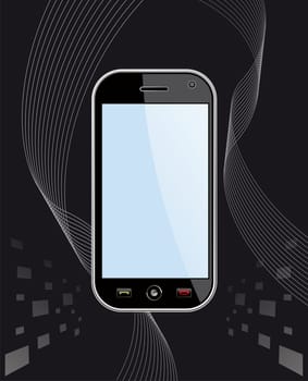 Generic black smartphone on black background with blank space for your own design or image. Useful for mobile applications presentation. EPS 8 vector, cleanly built with no open shapes or strokes. Grouped and ordered in layers for easy editing.