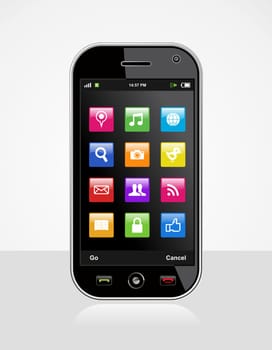 Smartphone with colored application icons on white background. Mobile device or cell Phone vector illustration.