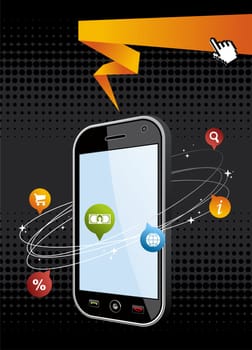 Black smartphone with app on black background. Mobile or Cell Phone device vector illustration.