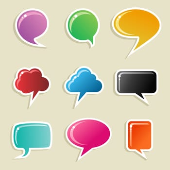 Social speech bubbles in different colors and forms illustration set. Vector file available.