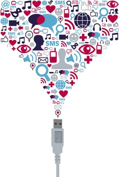 Social media icons set splash from USB wire. Vector file available.