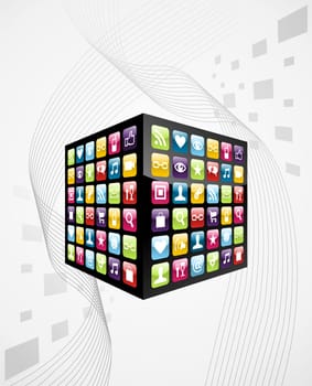Iphone application icons in cube shape on grey background. Vector file layered for easy manipulation and customisation.