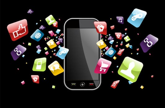 Iphone application icons splash out of phone on black background. Vector file layered for easy manipulation and customisation.