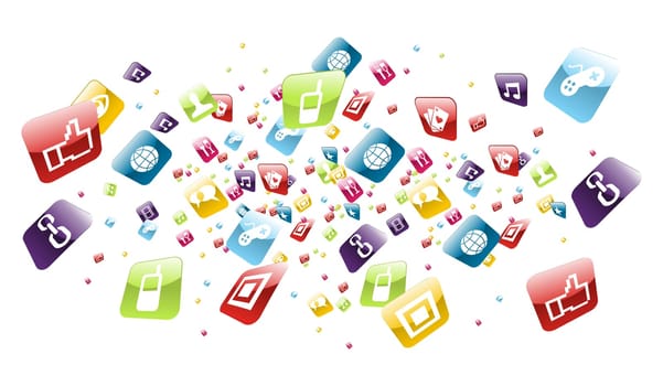 Iphone application icons explotion on white background. Vector file layered for easy manipulation and customisation.